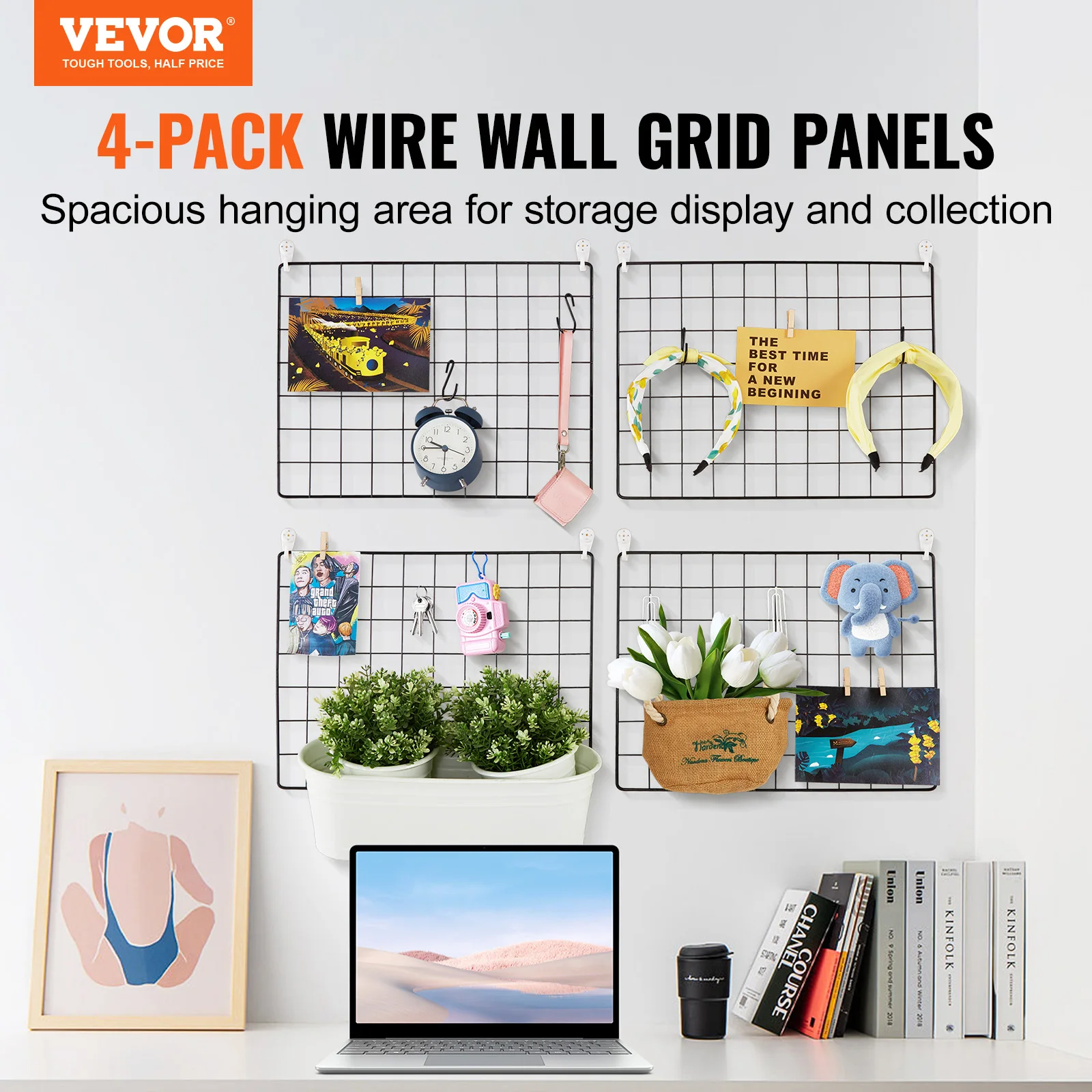 VEVOR Grid Wall Panels 4 Packs Wire Wall Grid Storage Organizer Metal Panel for Photo Pictures Display with Hooks