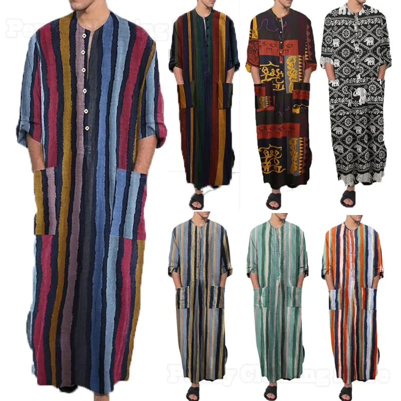 

2023 New Spring And Summer Middle Eastern Clothing Long-Sleeved One-Piece Arabic Men's Striped Print Muslim Men's Robe