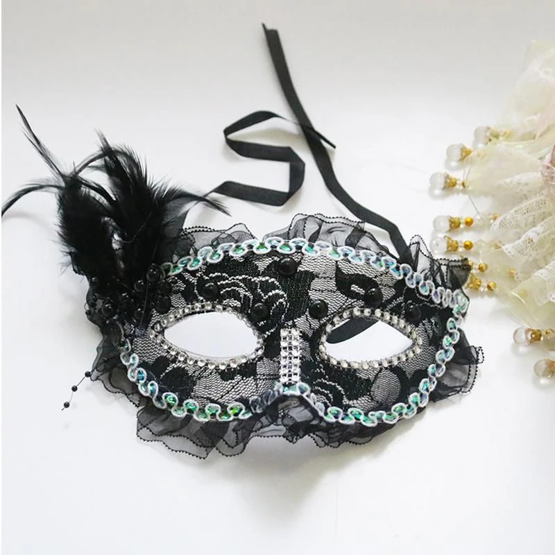 

Halloween Women Masquerade Masks Princess Vintage Party Annual Meeting Pearl Lace Rhinestones Feather Prom Easter Black White