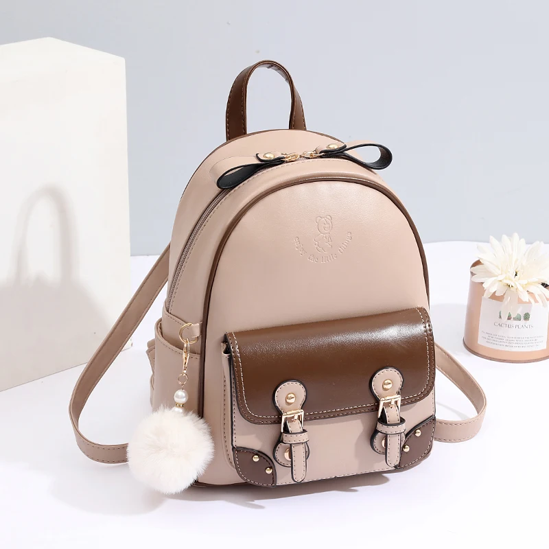 Cartoon Pattern Embossed Backpack, Plush Ball Decor Fashion Colorblock Bookbag For Women