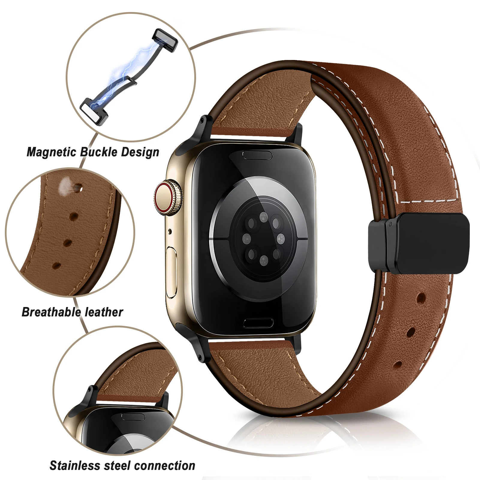 애플 워치 밴드용 마그네틱 버클 스트랩, 가죽 팔찌, iWatch 시리즈 울트라 3, 5, 6, se, 7, 8, 44mm, 45mm, 49mm, 40mm, 41mm, 38mm, 45mm