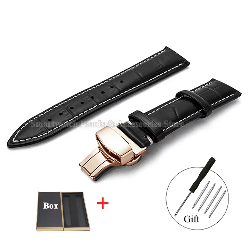 Luxurious Leather Watch Strap with Universal Metal Butterfly Clasp - Multiple Size Options Available