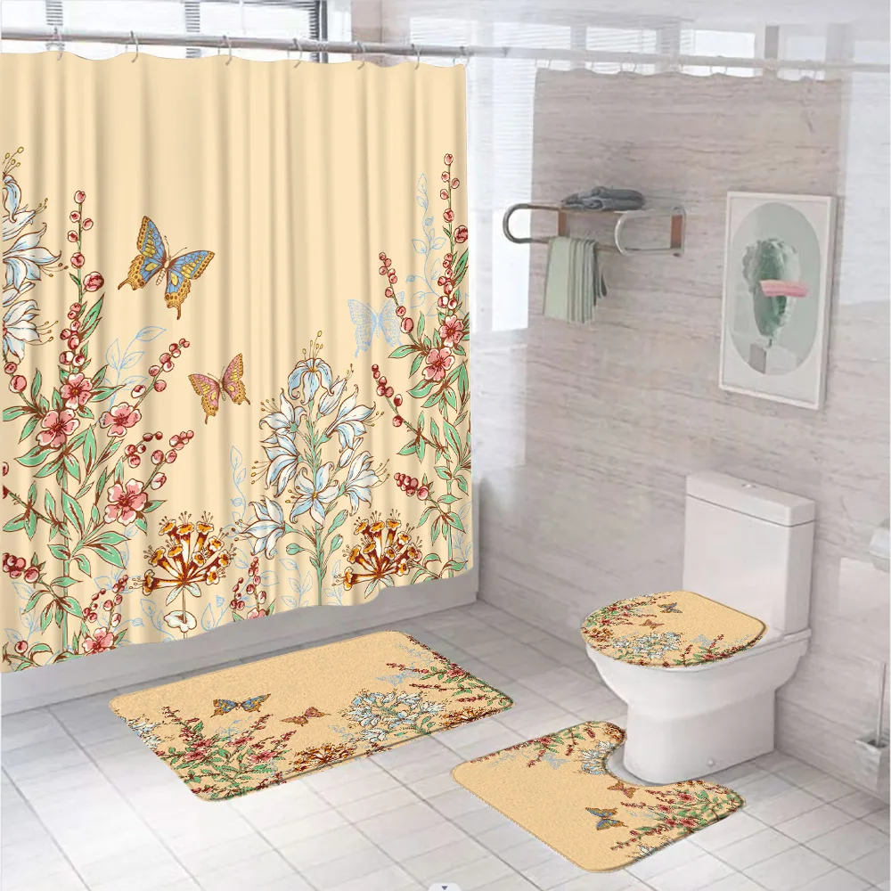 Cute Flying Butterflies Shower Curtain Sets Watercolor Floral Flower Bathroom Decor Curtains With Toilet Lid Cover Rug Bath Mat cute digital alarm clock children sleep trainer clock with facial expression led display screen 2 sets of alarm clock snooze function bedroom living room study room office