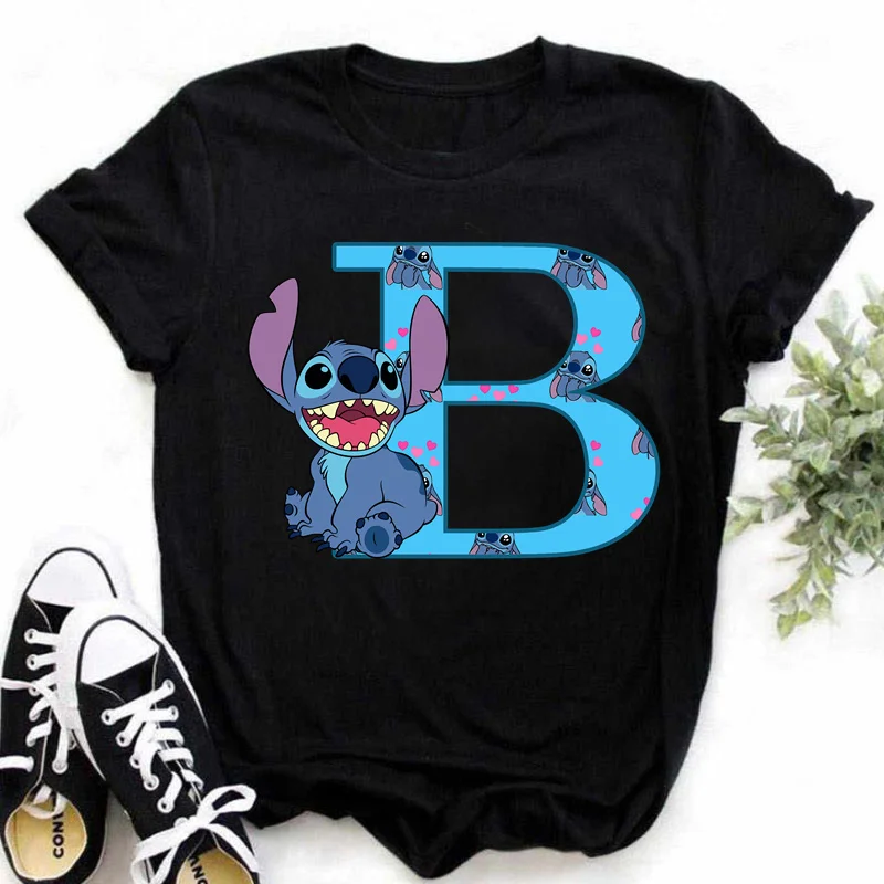 Disney Lilo & Stitch A-Z English Letters Short Sleeve Women Print T Shirt Casual Female Top Tshirts Cartoon Tee T-Shirt 3