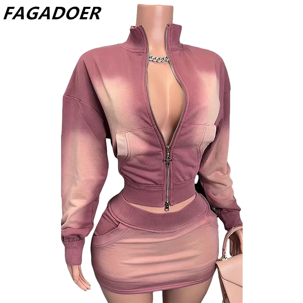 FAGADOER Pink Tie Dye Print Two Piece Sets Women Outfits