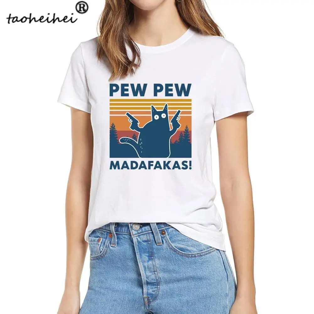Черная кошка Pew Madafakas забавная Гангстер с пистолетом мемом Ретро Женская футболка