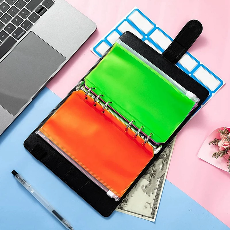 

A6 Faux Leather Budget Planner Notebook Binder Account Book Money Notepad Planner With 12pcs Zipper Colorful Money Envelopes