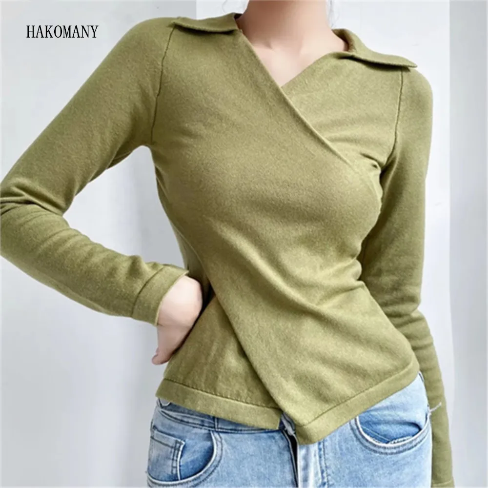 

Women Full Sleeve Skinny Knitwear Slim Waist Jumper 4 colors Autumn Cross V collar Lapel Knit Sweater Pullovers