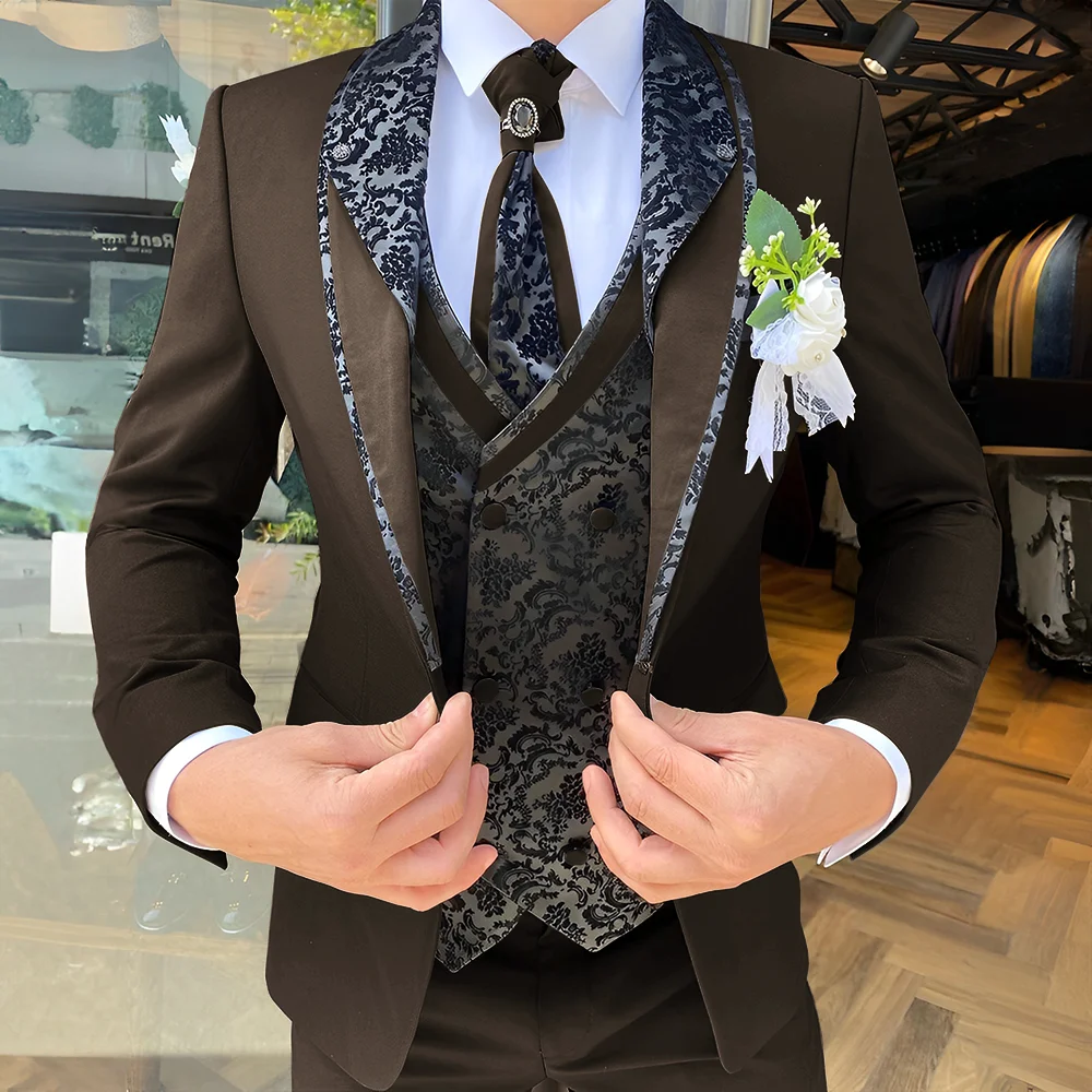 Handsome Men's Suit 3-piece Elegant Groom Wedding Tuxedo Jacket Pants Vest Customized Formal Blazer for Male 5