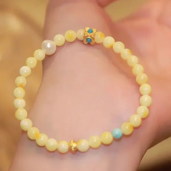 

UMQ Natural Beeswax Bracelet Women's Real White Nectar with Turquoise Small Bracelet Special-Interest Design Beads