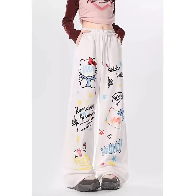 High Street Hip Hop Kitty Cat Sports Straight Pants Women Elastic High Waist Drawstring Pocket Print Letter Casual Trousers 2024