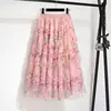 plus Size Spring Summer Floral Cake Skirt Uneven Net Heavy Embroidery Women's High Waist Midi Skirt Korean Sle Polyester Fiber