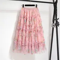 plus Size Spring Summer Floral Cake Skirt Uneven Net Heavy Embroidery Women's High Waist Midi Skirt Korean Sle Polyester Fiber