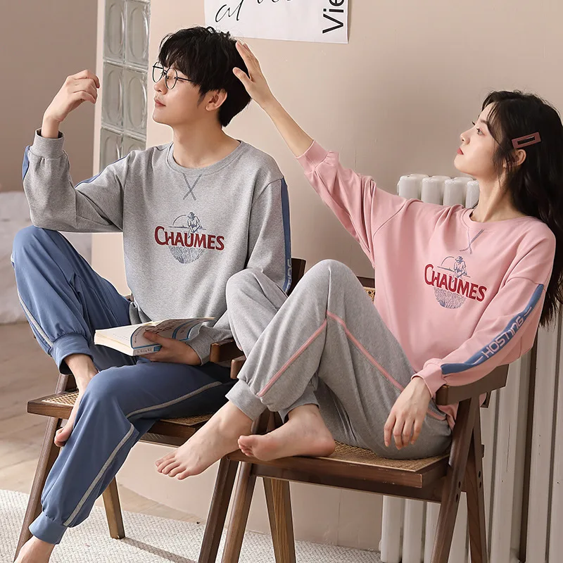 Couples 100% Cotton Homewear Couples Autumn Pajamas Set Women's Printed Nightwear Men's Pyjamas Big Size 3XL Loungewear Dropship