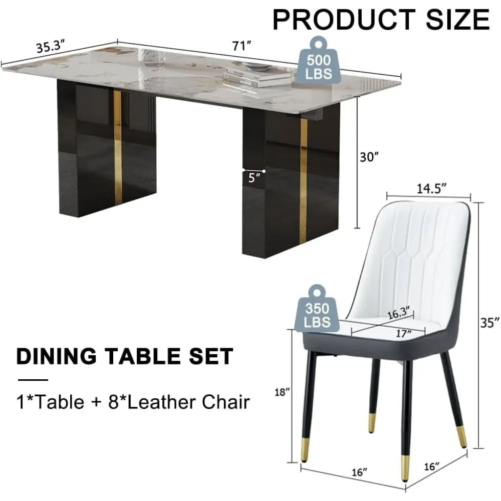 71'' Kitchen Table Set for 8，8 Chairs Dining Table Set, Dining Faux Marble Set for 8 with PU Leather Chairs