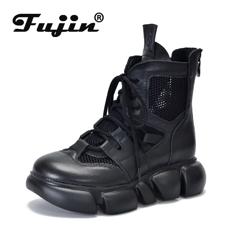 

Fujin 5cm Air Mesh Genuine Leather Boots Chimney Moccasins Fashion Summer Motorcycle Sandals Hollow Ankle Booties Women Shoes