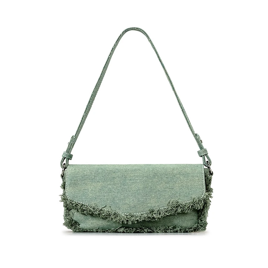 thumbnail image 1 of Bolso bandolera con volantes para mujer de MABULA, bolso de lona fruncido de color verde caramelo, bolso de hombro bajo el brazo, bolso elegante con solapa, 1 of 5
