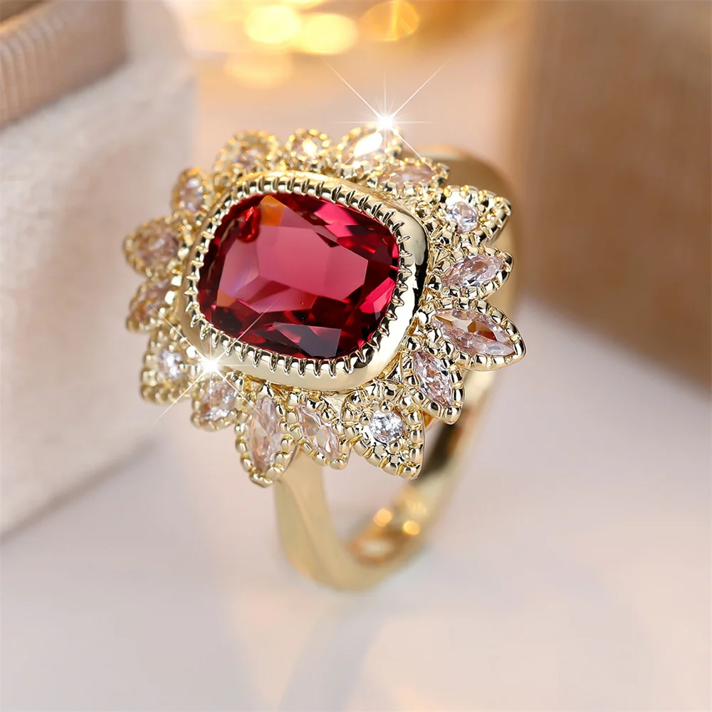 Red Crystal Square Stone Cute Flower Rings For Women Vintage Gold Color Engagement Bands Wedding Jewelry Bridal Birthday Gifts