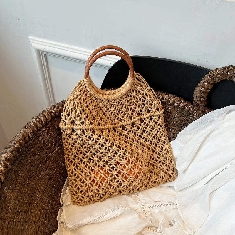 

2023 Summer New Wooden Handle Woven Bag Women Solid Simple Hollow Out Handbags Vacation Beach Straw Bags Ladies Top-Handle Bags