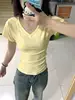 Retro American ort Sve V-ne T-irt Women's Slimming Pure Color Summer Faionable Commute Sle Cotton Blend Top