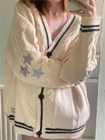 Vintage Star Print Knitted Cardigan Women's Sweaters Preppy Cute Button Up V Neck Long Sleeve Loose Coat Autumn Y2K Sweater 1