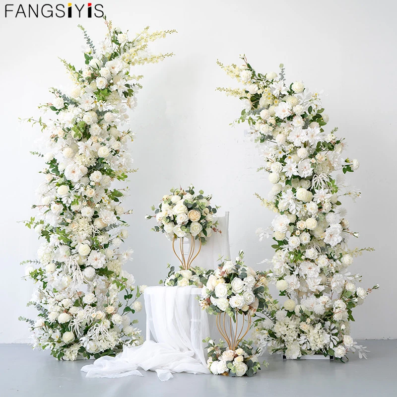 White Flower Row Arrangement With Horn Arch Wedding Backdrop Decor