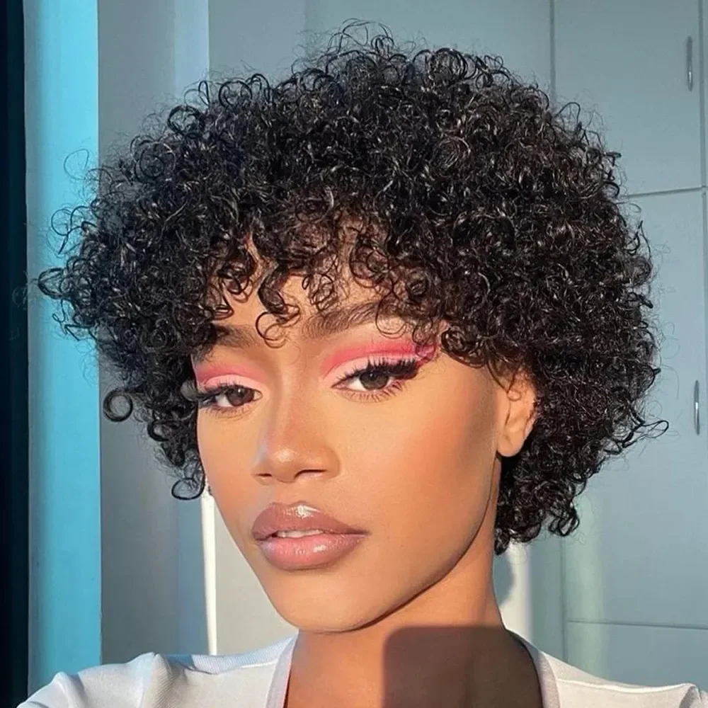 

Short Black Human Hair Wigs Bob Pixie Cut Wigs With Bang Jerry Curly Glueless Wig Brazilian Hair for Black Women Full Machine
