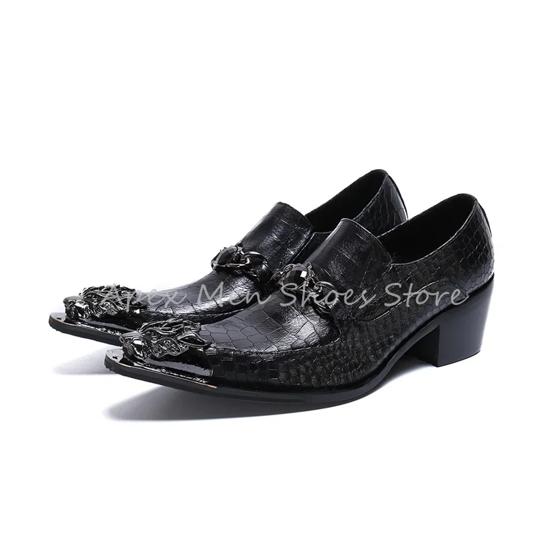 Pointed Cool Checkered Pattern Brogue Shoes Luxury Metal Toe Gem Buckle Cowhide Vintage Men's Shoes Formal