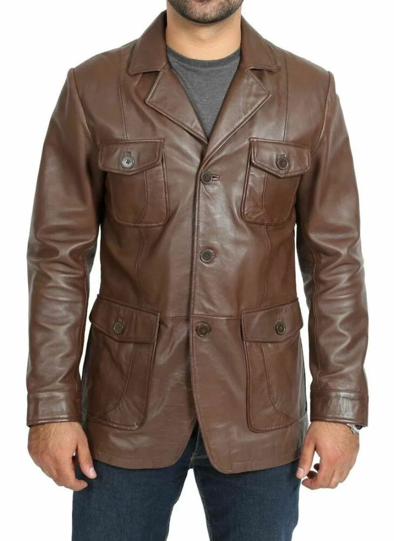 

Mens Leather Blazer Coat Jacket Genuine Brown Lambskin Leather Three Button