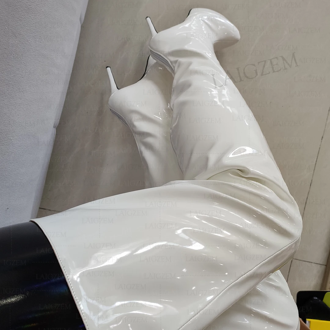 Laigzem-女性用の光沢のあるハイヒールブーツ,ジッパー付きの