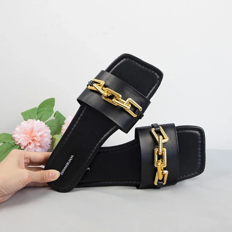 

Large Size 42 Summer Women Slippers for 2024 Chain Ladies Outdside Woman Flat Breathable Beach Shoes Designer Slides