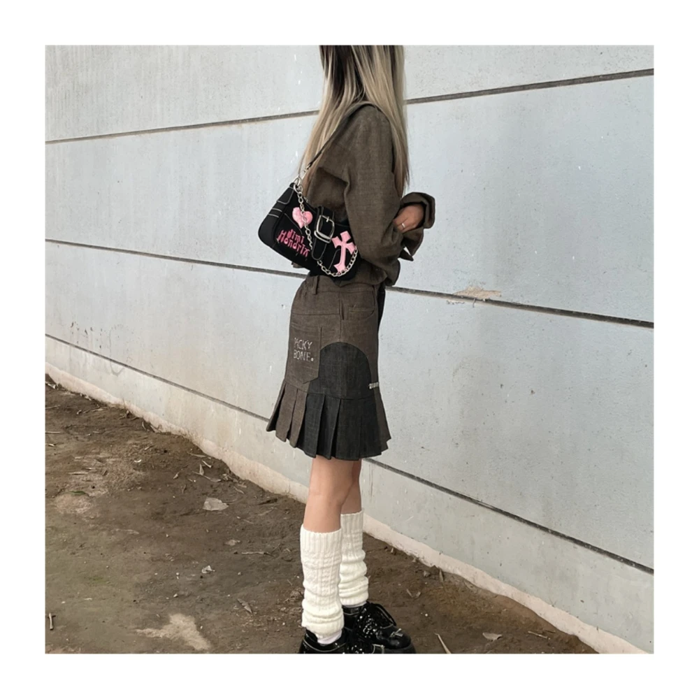 Women's Fashion 2023 Y2K Cool Preppy Style Black Patent Leather Underarm Bag Small Chain Handbag Pink Cross Heart Metal Buckle