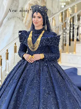 Abiti da Sposa Musulmani Blu Navy a Maniche Lunghe, Vestiti da Ballo con Gonna Voluminosa, Ricami e Perline, Abiti da Sera di Lusso Personalizzabili
