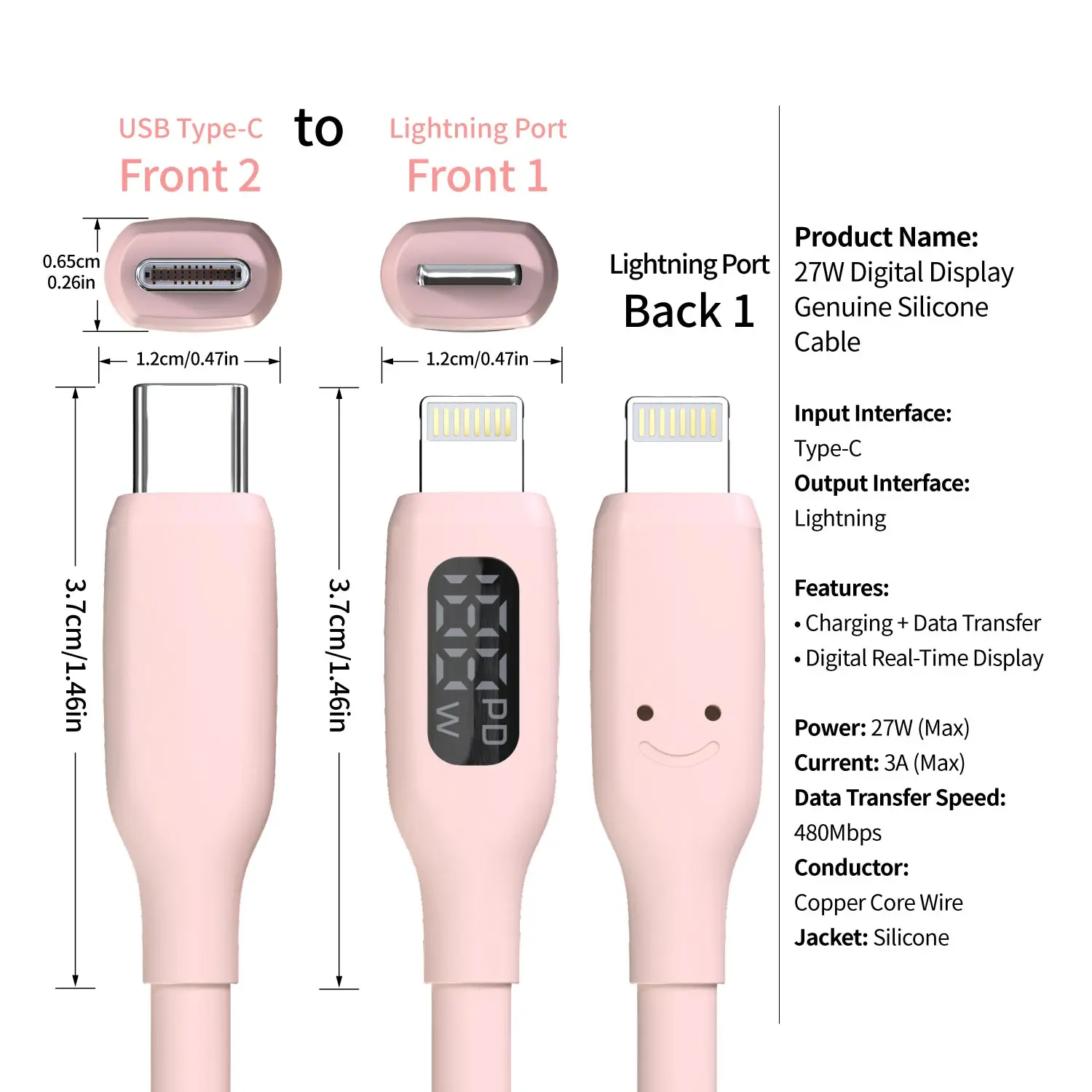 MFi Certified Fast Charging USB C to Lightning Cable with LED Display - Cute Macaron Pink Silicone