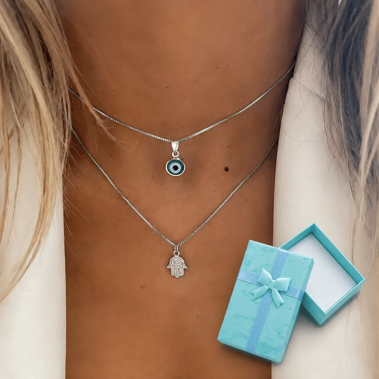 Mit Geschenkbox 2-teiliges Goldfarbenes Mehrlagiges Halsketten-Set für Frauen Böses Auge Hamsa-Hand Anhänger Vintage Boho Charm Schmuck Geschenk