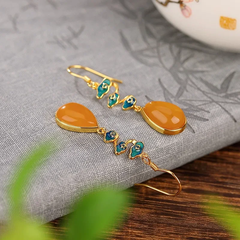 Chinoiserie Style Vintage 925 Sterling Silver Amber Propitious Cloud Water Drop Earring for Women Hanfu Cheongsam Birthday Gift