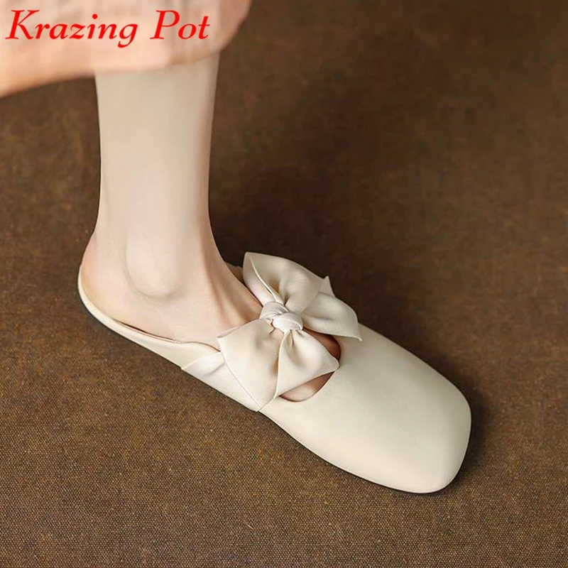 

Krazing Pot Full Grain Leather Mules Flat With Summer Preppy Style Butterfly-knot Square Toe Women Soft Casual Outside Slippers