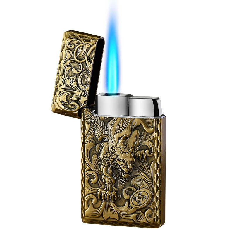 

Domineering advanced carving lighter Blue Flame Windproof Cigar Lighter Unusual Personality Fuel lighter Metal Gadget For Man