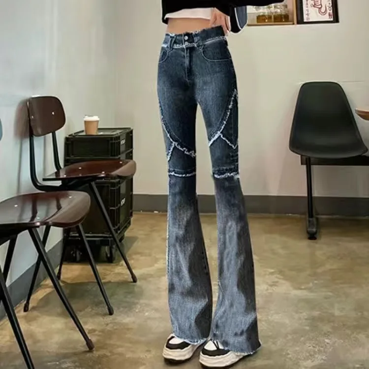 

New women star stitching tassel pants American retro high street jeans loose wide leg pants trendy punk y2k pants