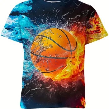 남아 및 여아용 농구 불꽃 티셔츠, 3D 프린트, 3 4 5 6 7 8-14 세 아동복, 탑 티, 아동복