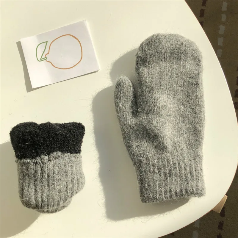 Double-layer Rabbit Hair Gloves Female Winter Cold Korean Version of Solid Color All Fingers Winter Women Gloves Girls Mittens