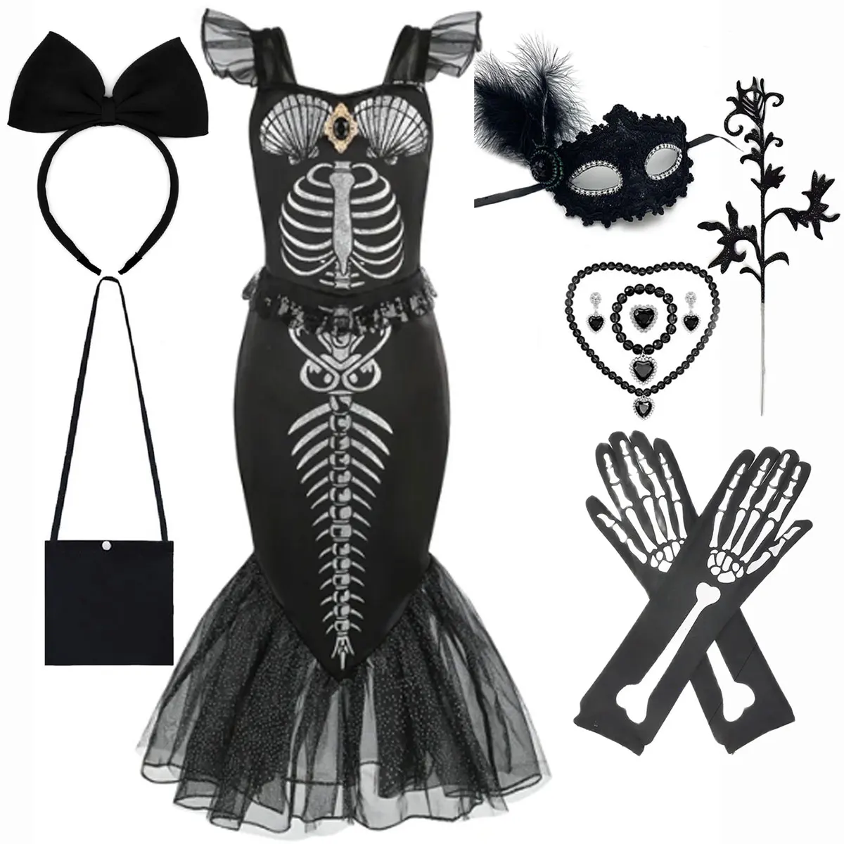 Disney Fashion Black Skeleton Little Mermaid Ariel Princess Costume Kids Party Prom Dress For Girls Children Carnival Cosplay