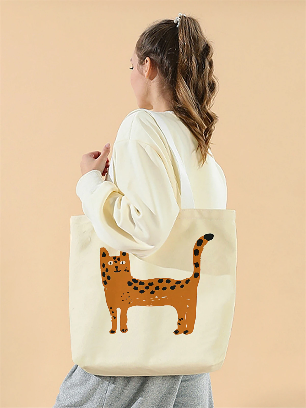 1pc,cartoon tiger pattern handbag, reusable fashionable handbag, multifunctional handbag, printed canvas shopping bag