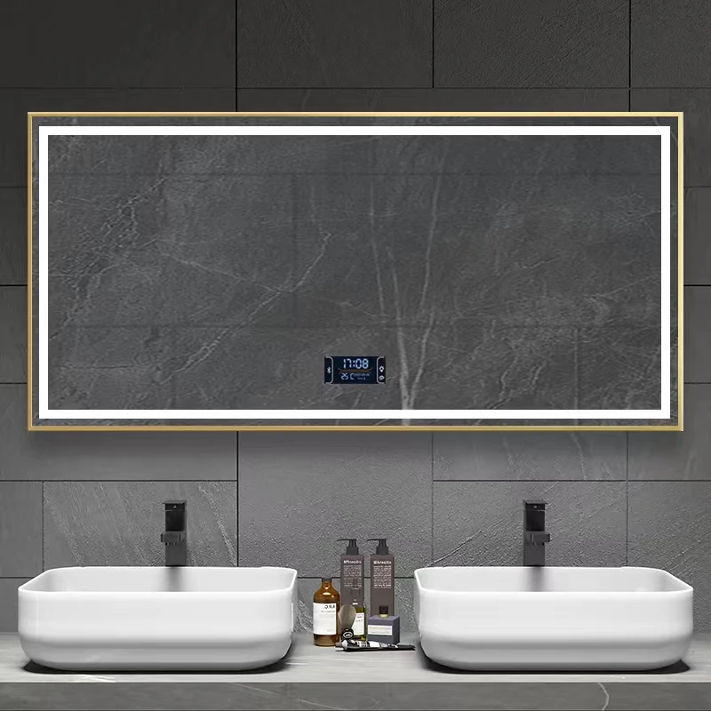 

Rectangular Design Mirror Wall Mounted Glam Unbreakable Cleaning Bathroom Mirror Fogless Bluetooth Espejo Inteligente Furniture