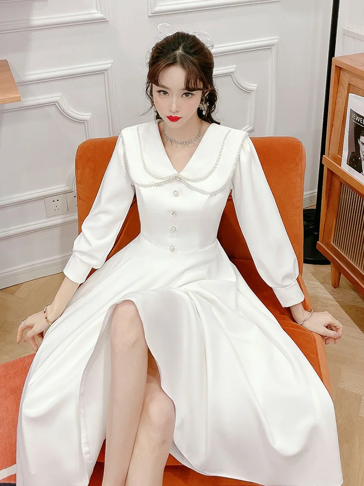 

Simple White Bridesmaid Dress New Chic Pearls Collar Long Sleeve Party Gowns Female Elegant A-Line Long Vestidos