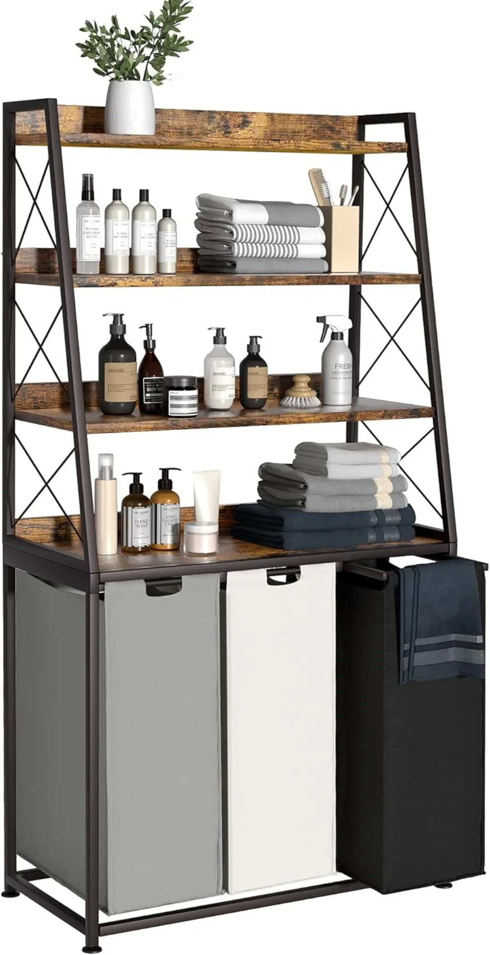 

Laundry Basket, 3 Section Laundry Hamper with 4 Tiers Shelf, Pull-Out and Removable for Laundry Room Bathroom Rustic Brown