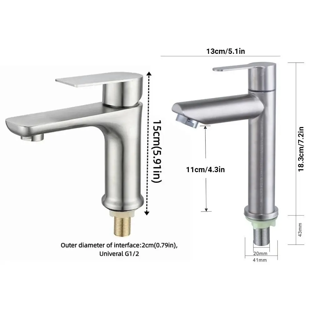 Stainless Steel Bathroom Faucet Single Cold Anti-Leakage Kitchen Sink Faucet Rust-proof Rotary Switch Lavatory Basin Faucet