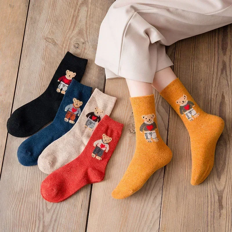 

5 Pairs Cartoon Bear Winter Crew Socks Women Autumn Thick Warm Socks Korean Cute Kawaii Socks Harajuku Designer Fashion