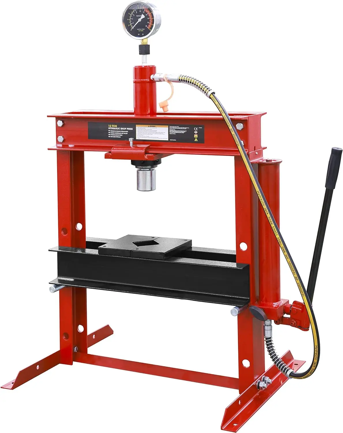 Steel H-Shape Hydraulic Garage/Shop Benchtop Press with Stamping Plates 12 Ton (24,000 lb) Capacity Red