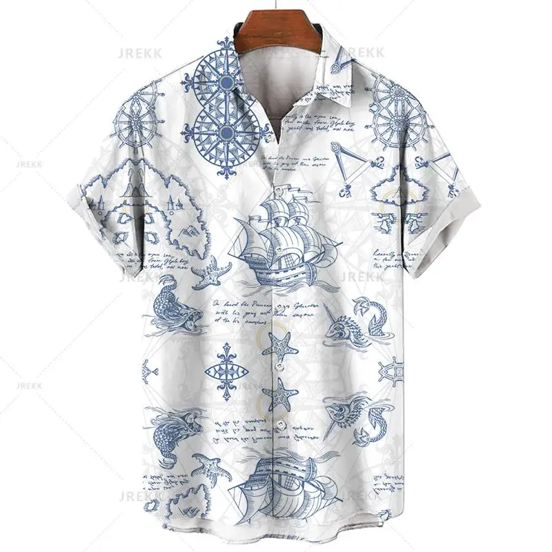 thumbnail image 1 of Camisa hawaiana retro unisex para hombre, camisa de talla grande, camisa retro con estampado 3D de velero y brújula marina, camisetas holgadas de manga corta para hombre, 1 of 5